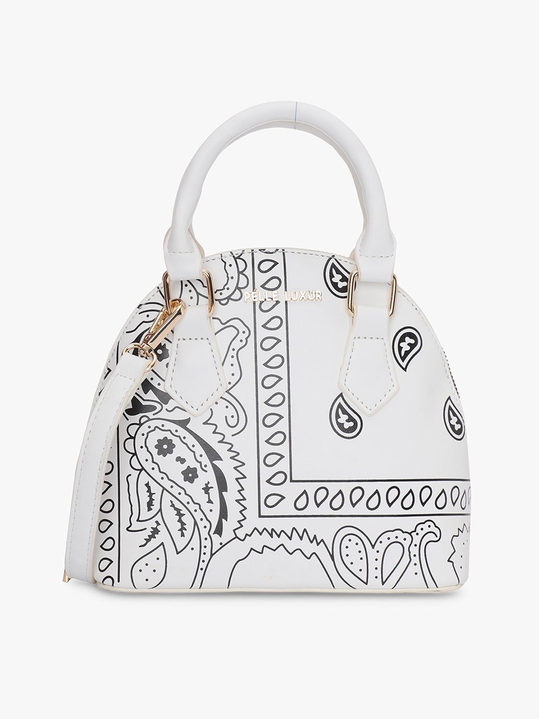 PELLE LUXUR Ethnic Motifs Printed Half Moon Handheld Bag, White