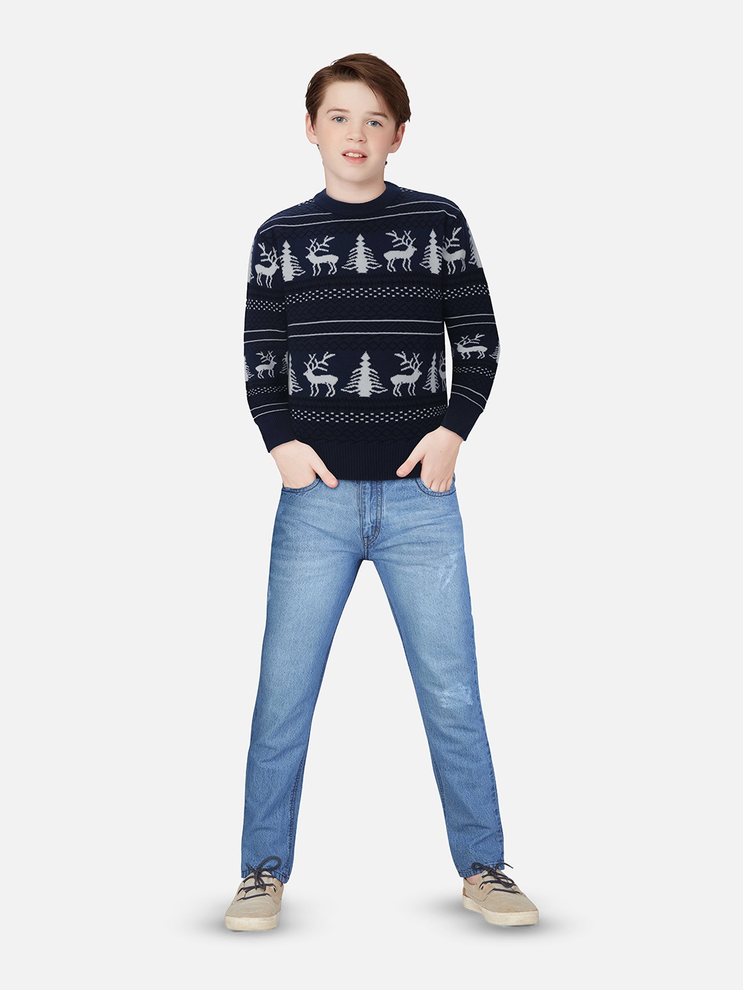 

Gini and Jony Boys Self Design Knitted Pullover, Navy blue
