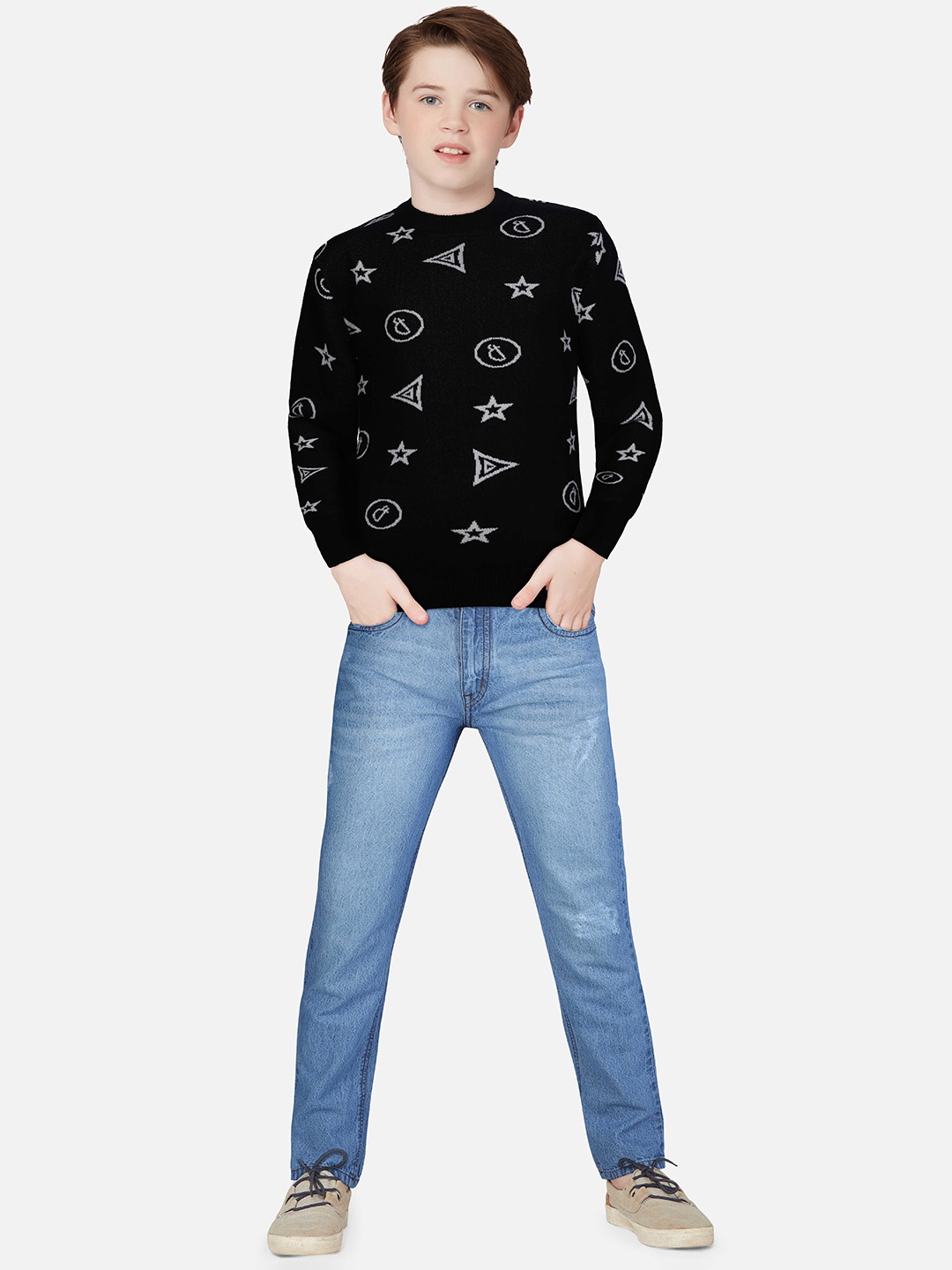 

Gini and Jony Boys Self Design Knitted Pullover, Black