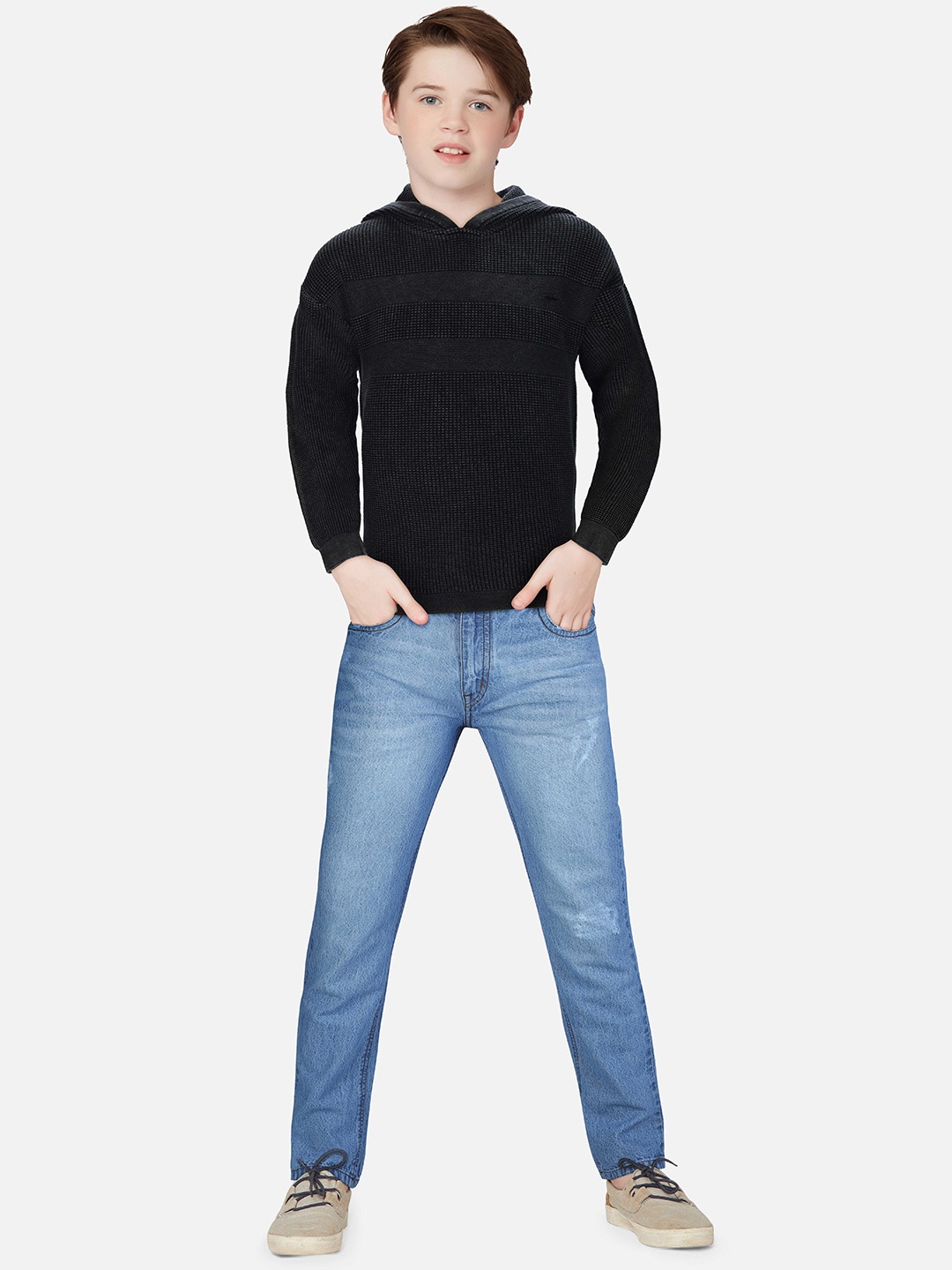 

Gini and Jony Boys Self Design Hooded Pullover, Black