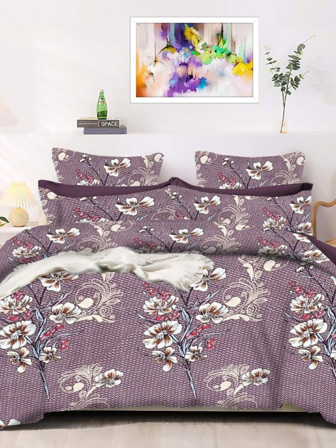 

Stylespace by Isha Purple & White Floral King Bedsheet With 2 Pillow Covers