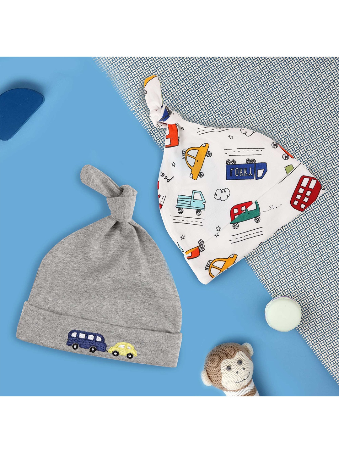 

KICKS & CRAWL Kids Pack Of 2 Printed Cotton Beanie, Grey