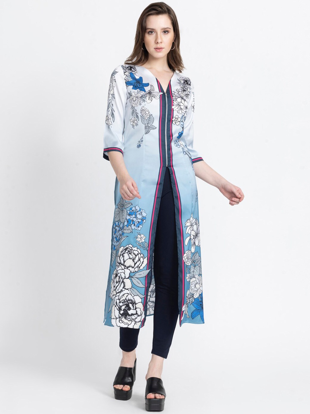 

SHAYE Floral Printed Ombre V-Neck A-Line Kurta, Blue