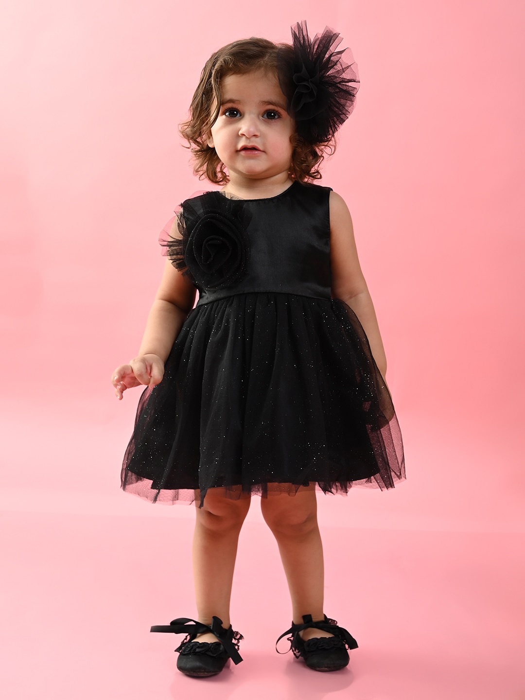 

SAKA DESIGNS Girls Blinky and Sparkly Corsage Round Neck Fit & Flare Dress, Black