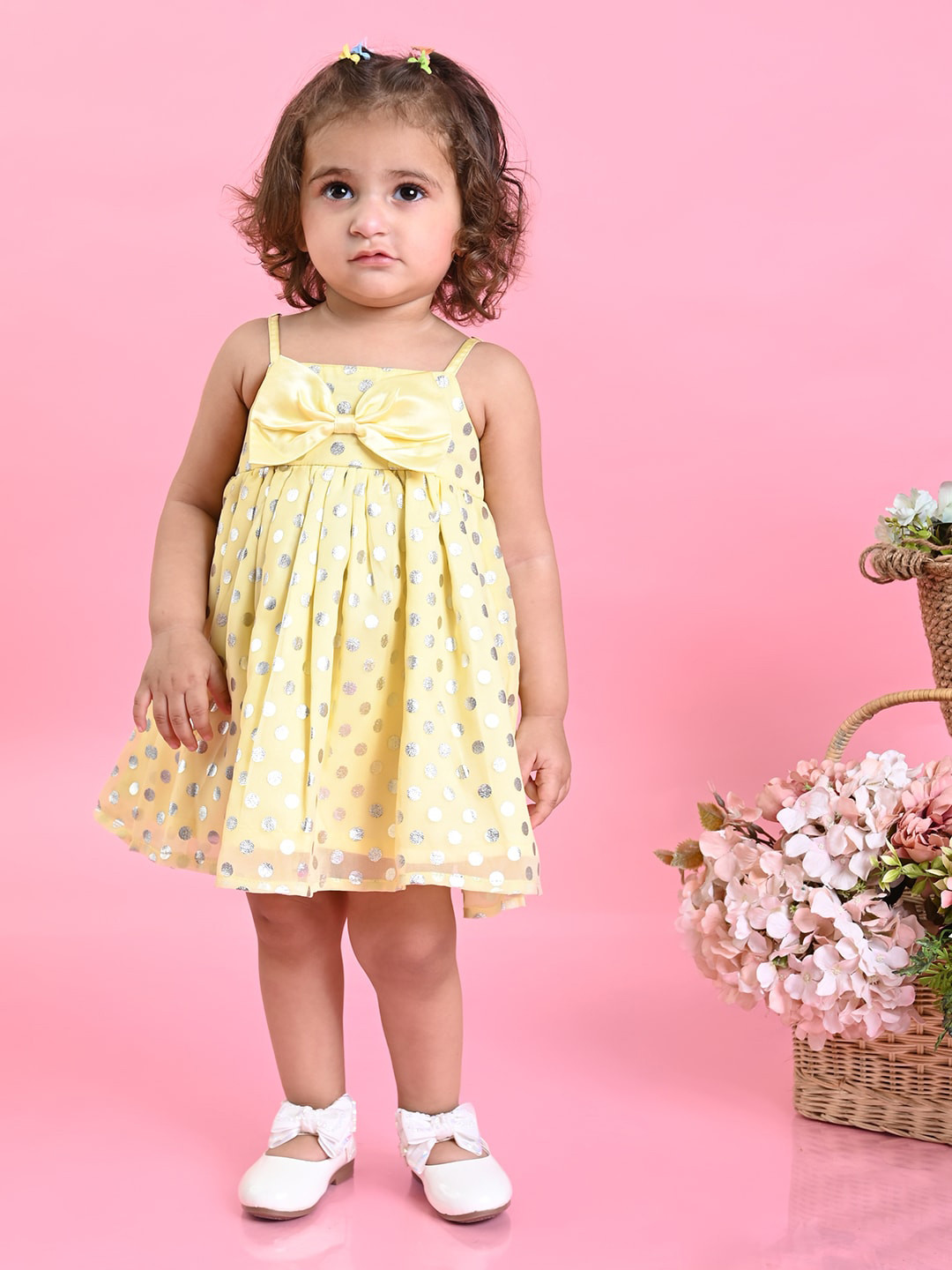 

SAKA DESIGNS Girls Polka Dots Printed Bow Detailed A-Line Dress, Yellow