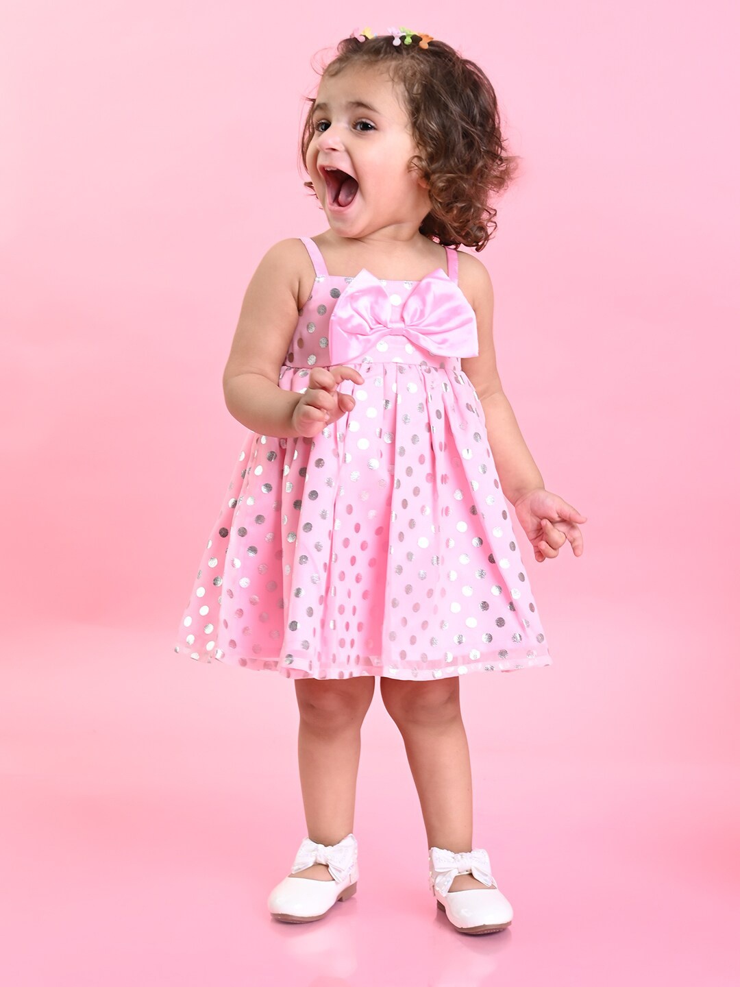 

SAKA DESIGNS Girls Polka Dots Printed Bow Detailed A-Line Dress, Pink