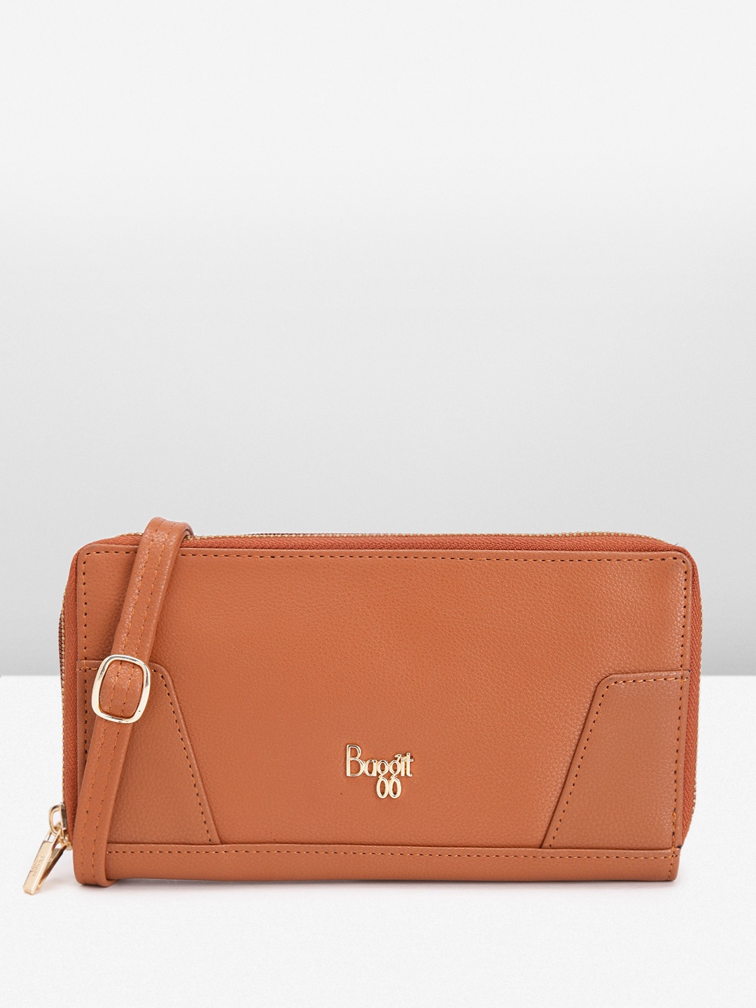 

Baggit Women Solid PU Zip Around Wallet With Sling Strap, Tan