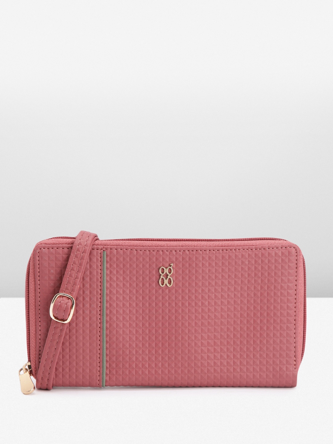 

Baggit Women Geometric Textured PU Zip Around Wallet With Sling Strap, Pink