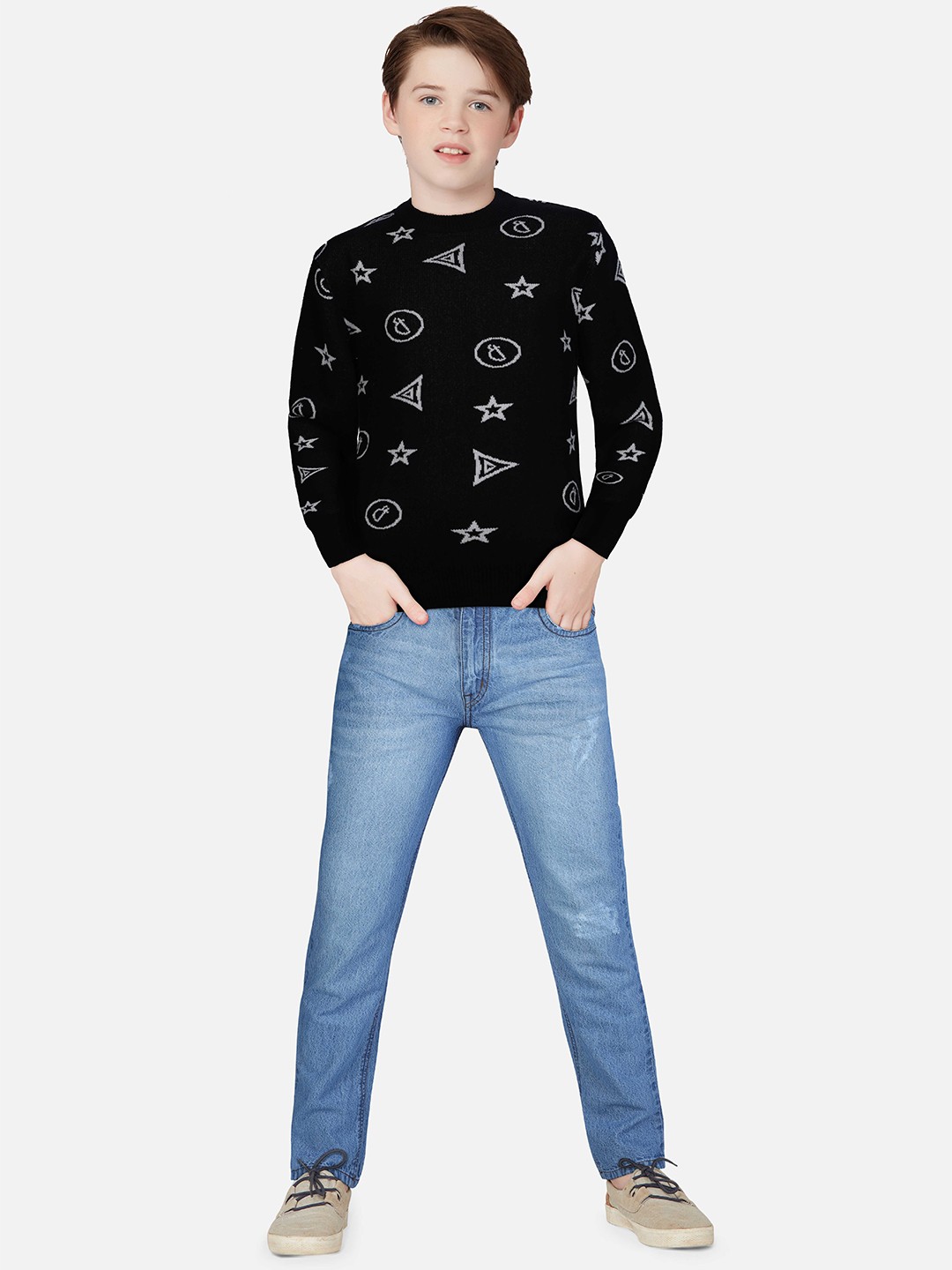 

Gini and Jony Boys Self Design Knitted Pullover, Black