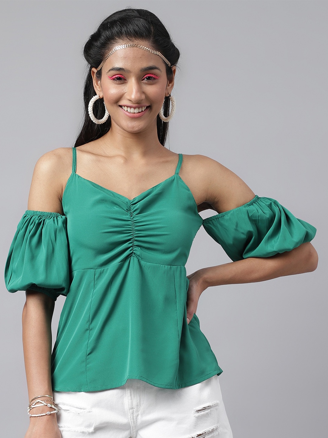 

pinwheel Cold Shoulder Sweetheart Neck Top, Green