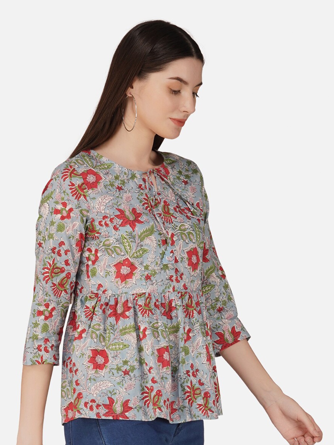 

GULAB CHAND TRENDS Floral Printed Tie Up Neck Cotton Peplum Top, Grey