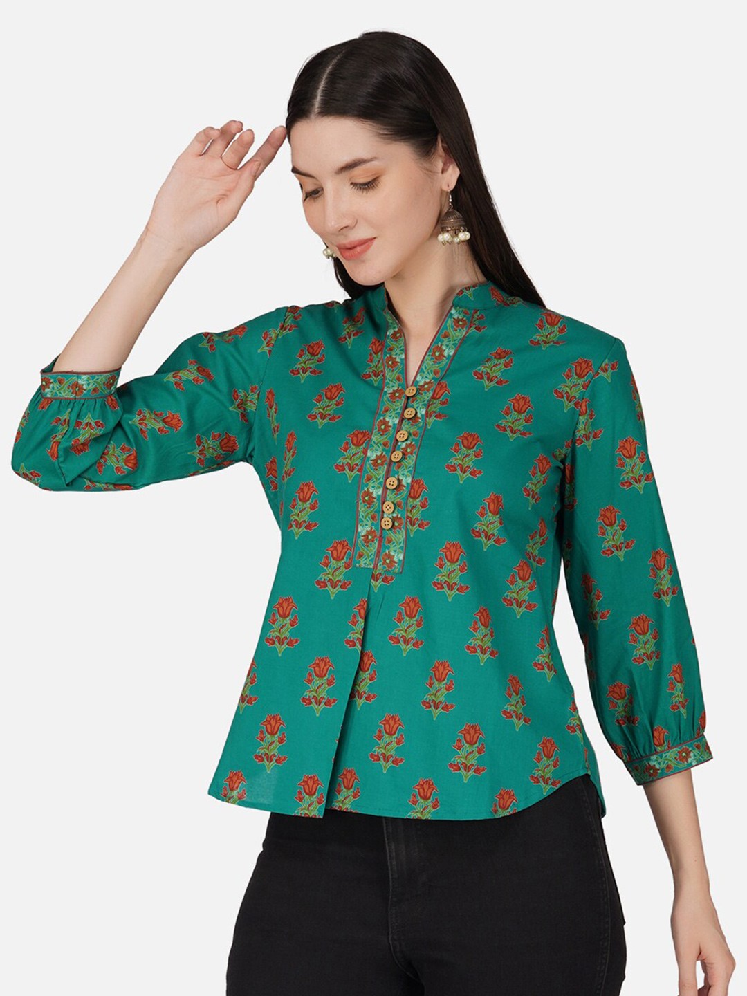 

GULAB CHAND TRENDS Floral Printed Cotton Shirt Style Top, Green
