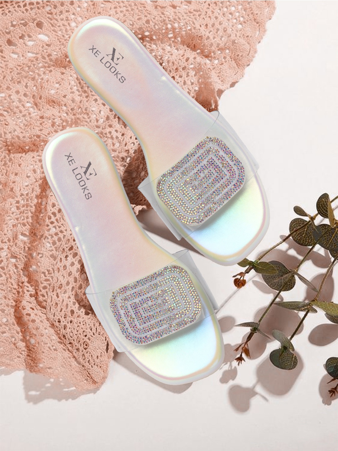 

XE Looks Women Embellished Comfortable Open Toe Flats, Silver