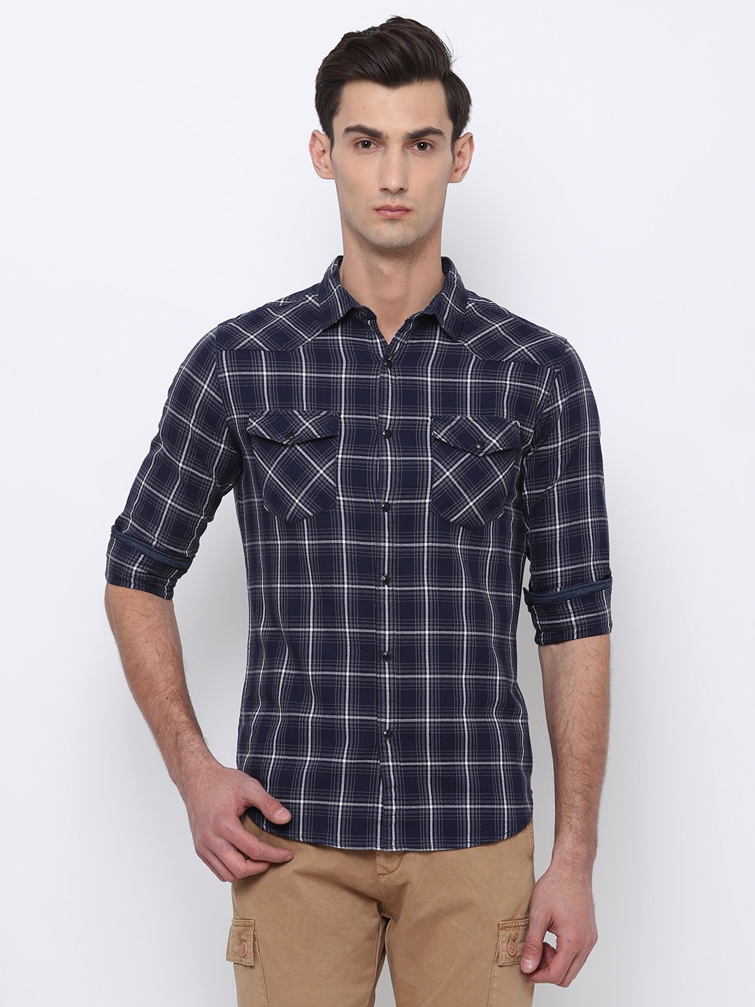 

LOCOMOTIVE Men Navy & Grey Slim Fit Checked Casual Shirt, Navy blue