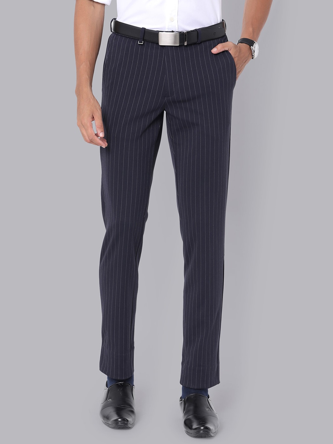 

Van Heusen Men Striped Slim Fit Formal Trousers, Navy blue