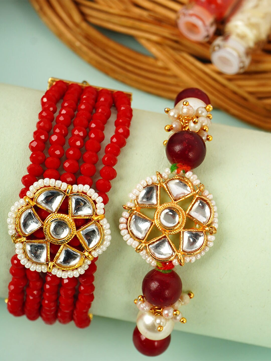 

Urmika Set Of 2 Kundan Floral Beaded Rakhi, Gold