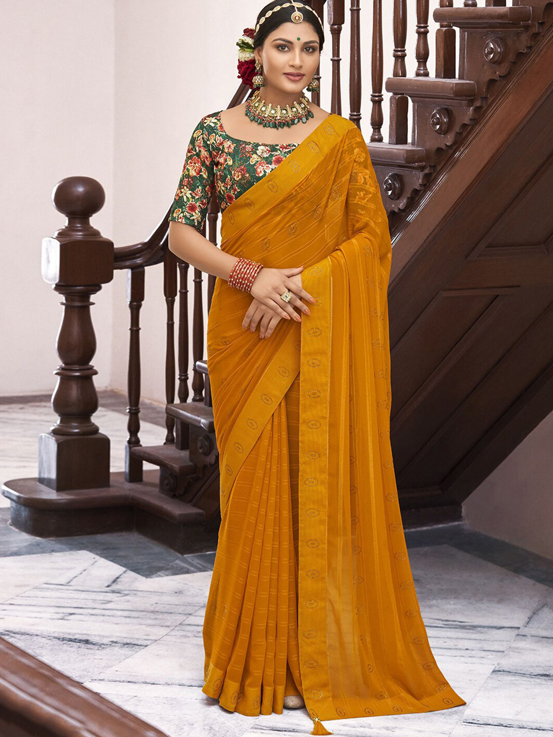 

Satrani Yellow & Green Striped Beads and Stones Poly Georgette Saree