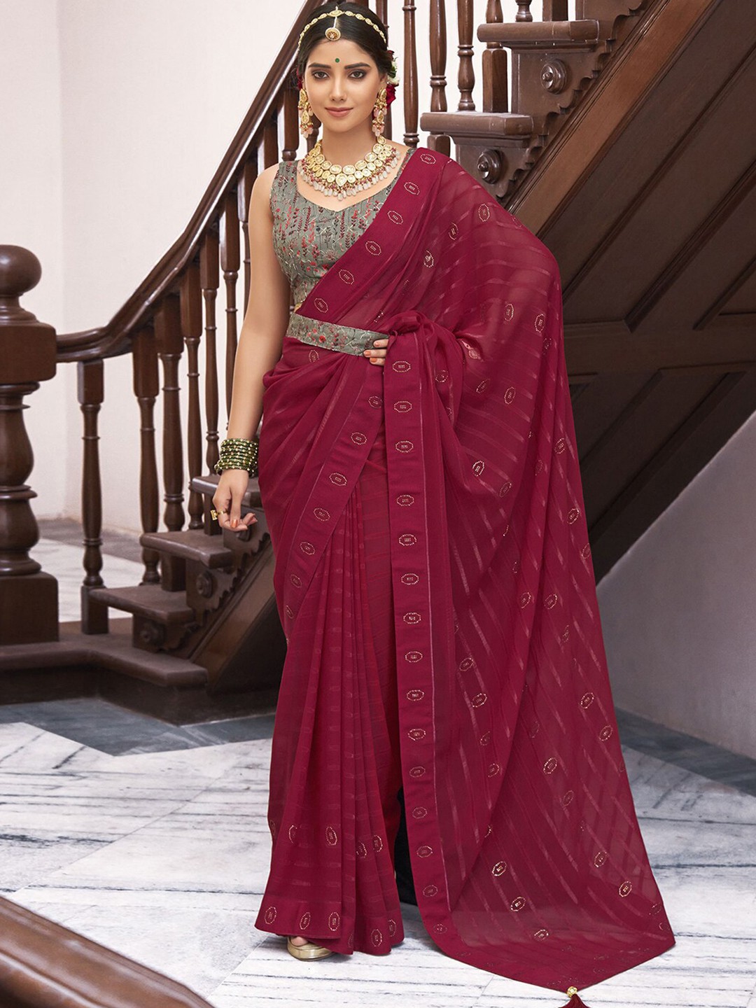 

Satrani Pink & Grey Striped Beads and Stones Poly Georgette Belted Saree