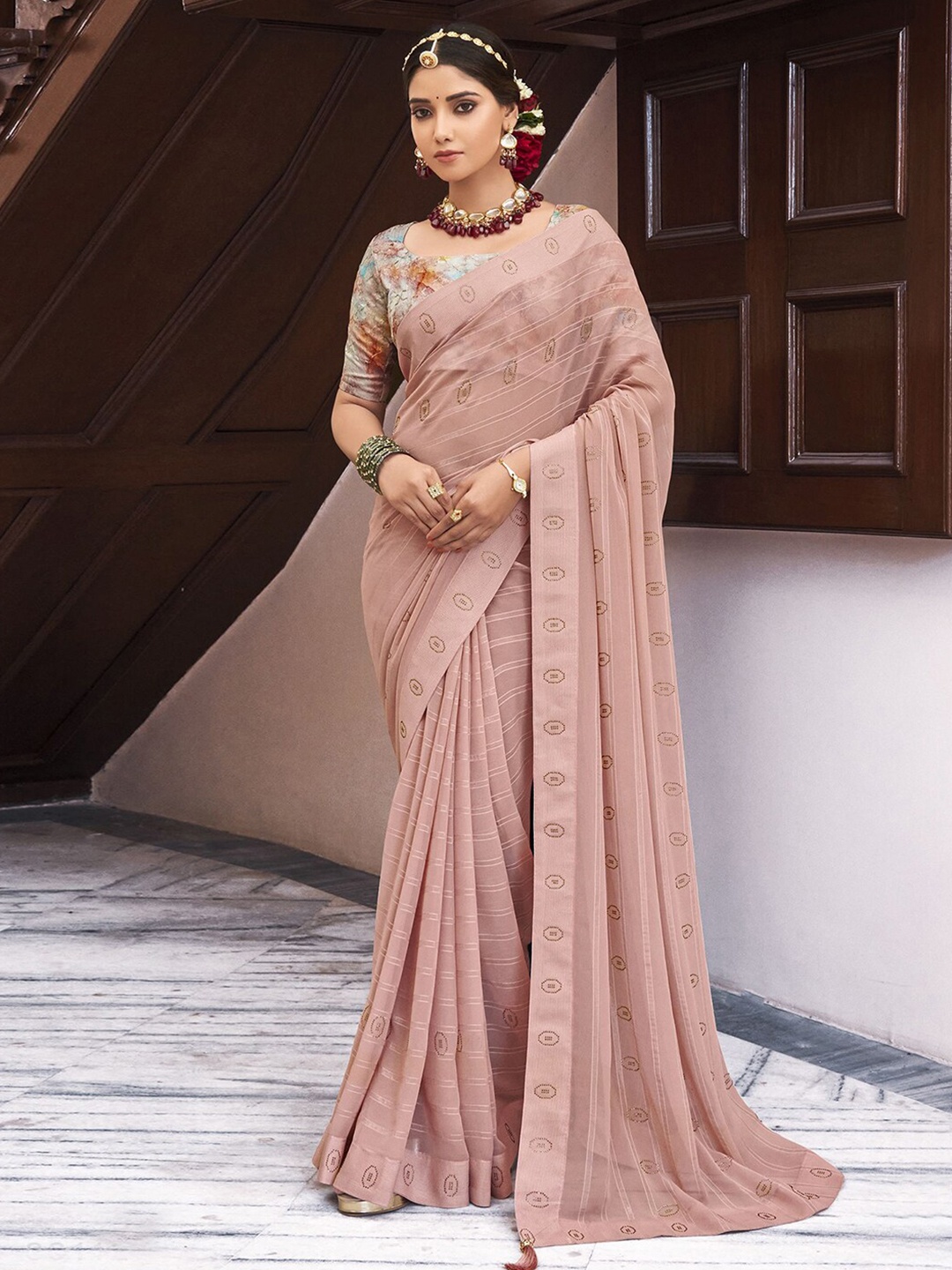 

Satrani Pink & Gold-Toned Striped Beads and Stones Poly Georgette Saree