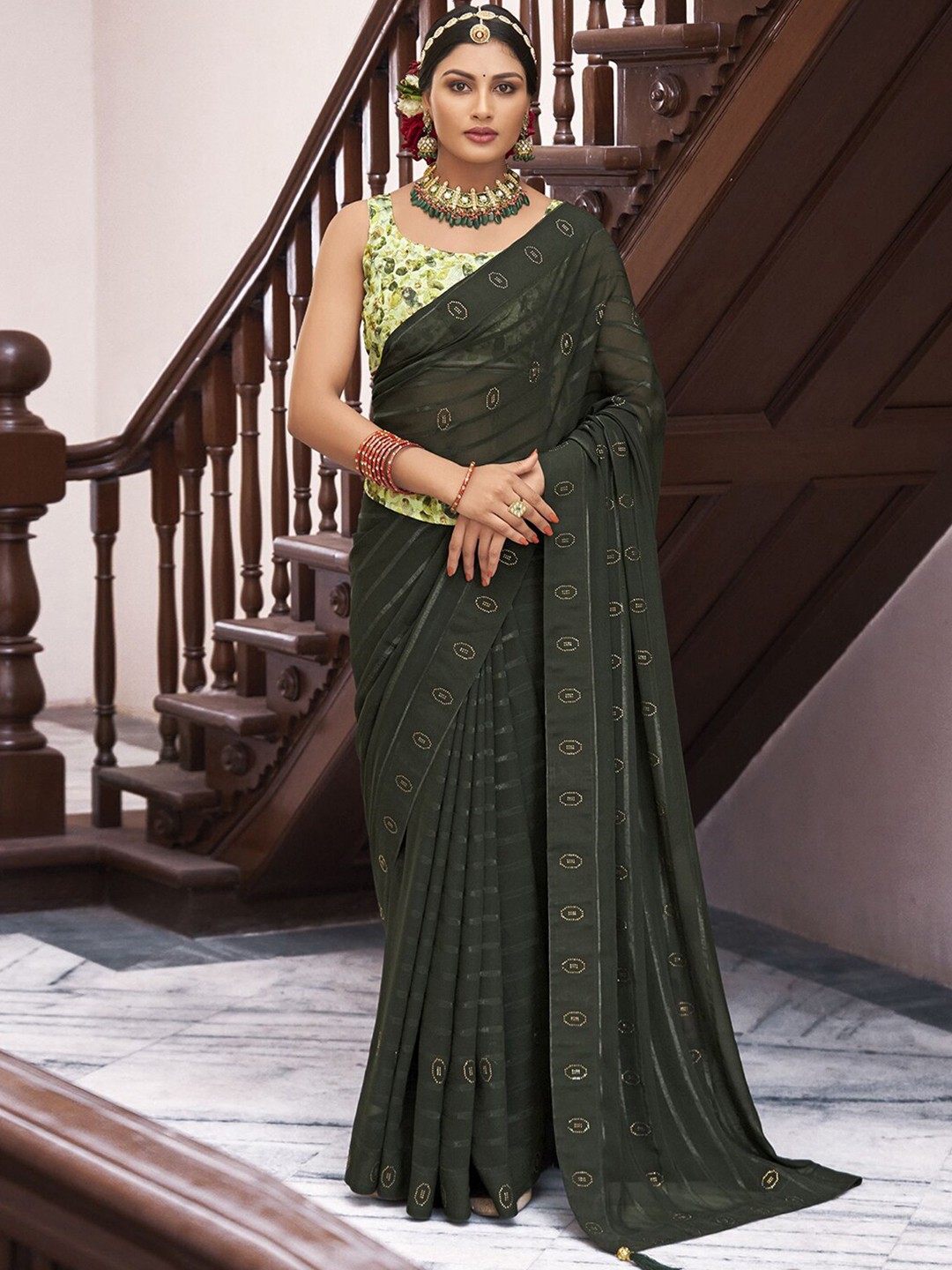 

Satrani Green Striped Beads and Stones Poly Georgette Saree