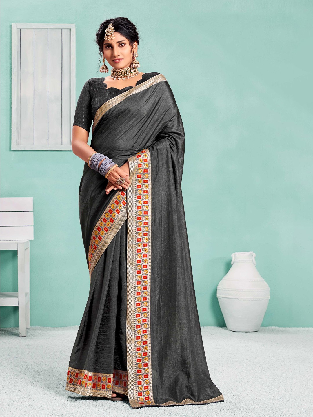 

KALINI Woven Design Border Art Silk Saree, Grey