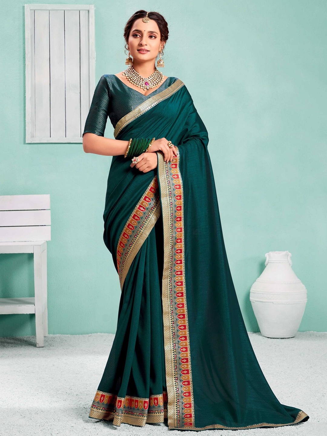 

KALINI Woven Design Border Art Silk Saree, Teal