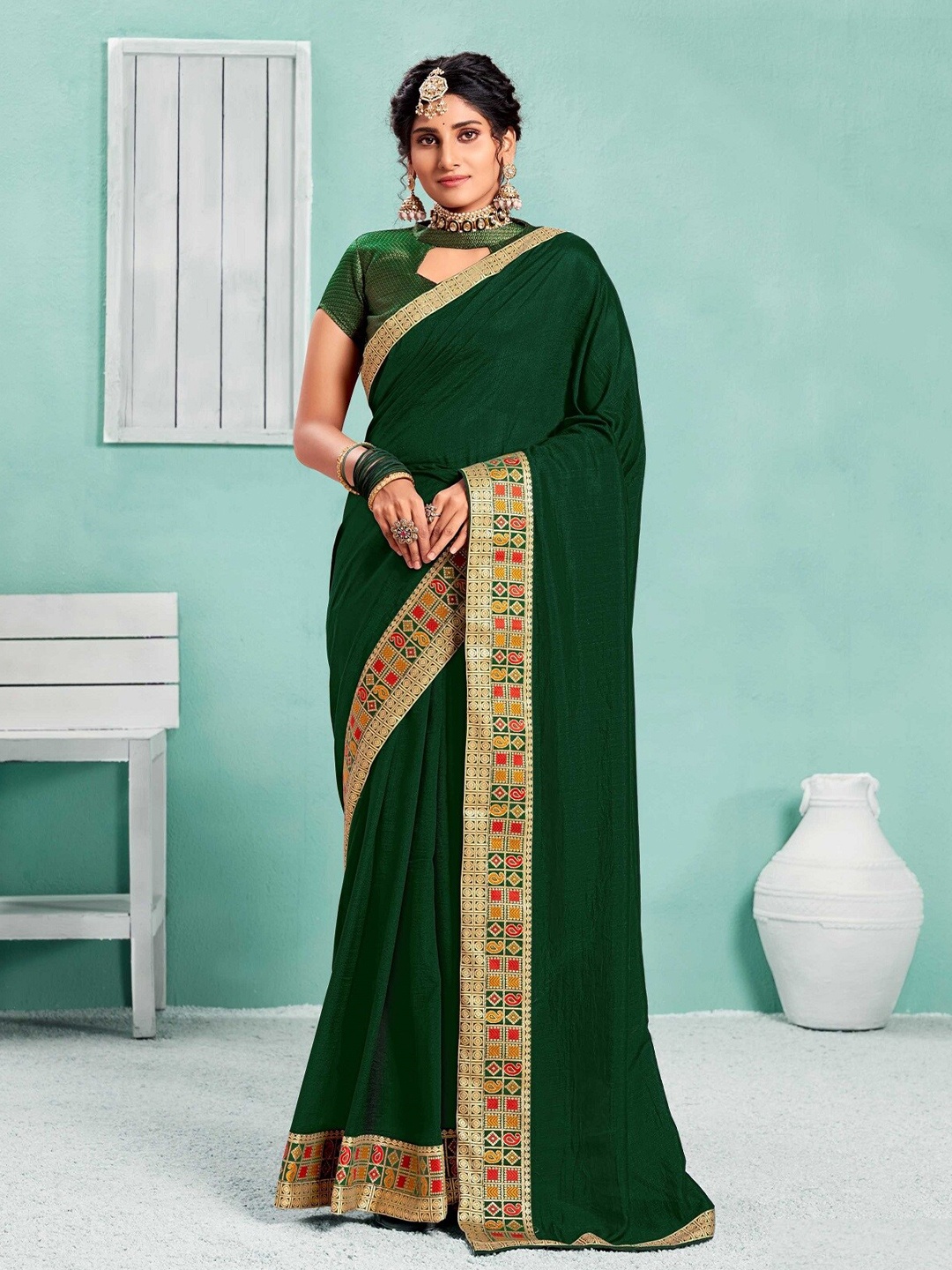 

KALINI Woven Design Border Art Silk Saree, Green