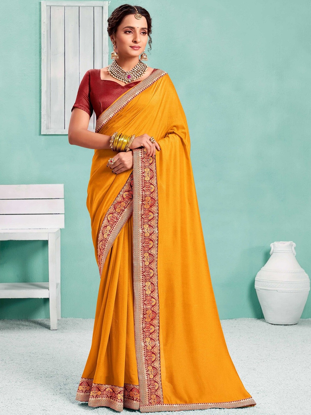 

KALINI Woven Design Border Art Silk Saree, Yellow