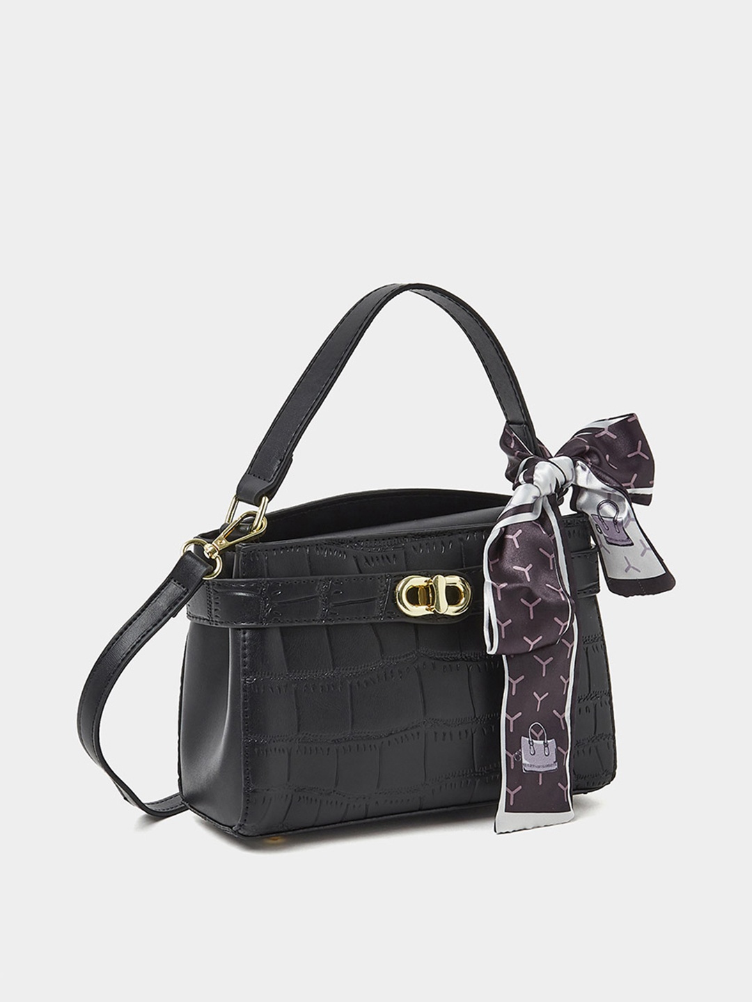 

Styli Textured Structured Handheld Bag With Scarf, Black