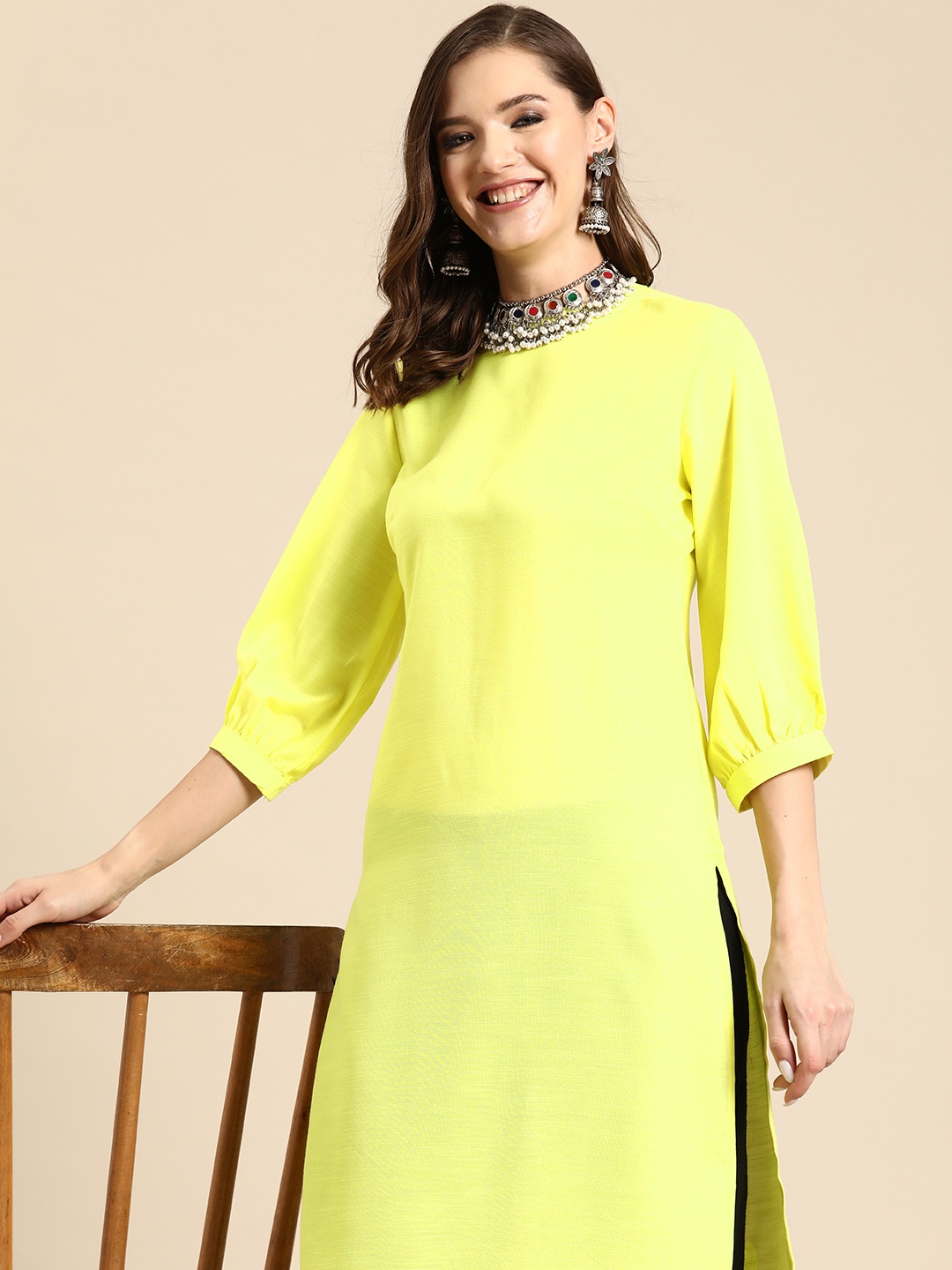 

Sangria Puff Sleeves Straight Kurta, Yellow