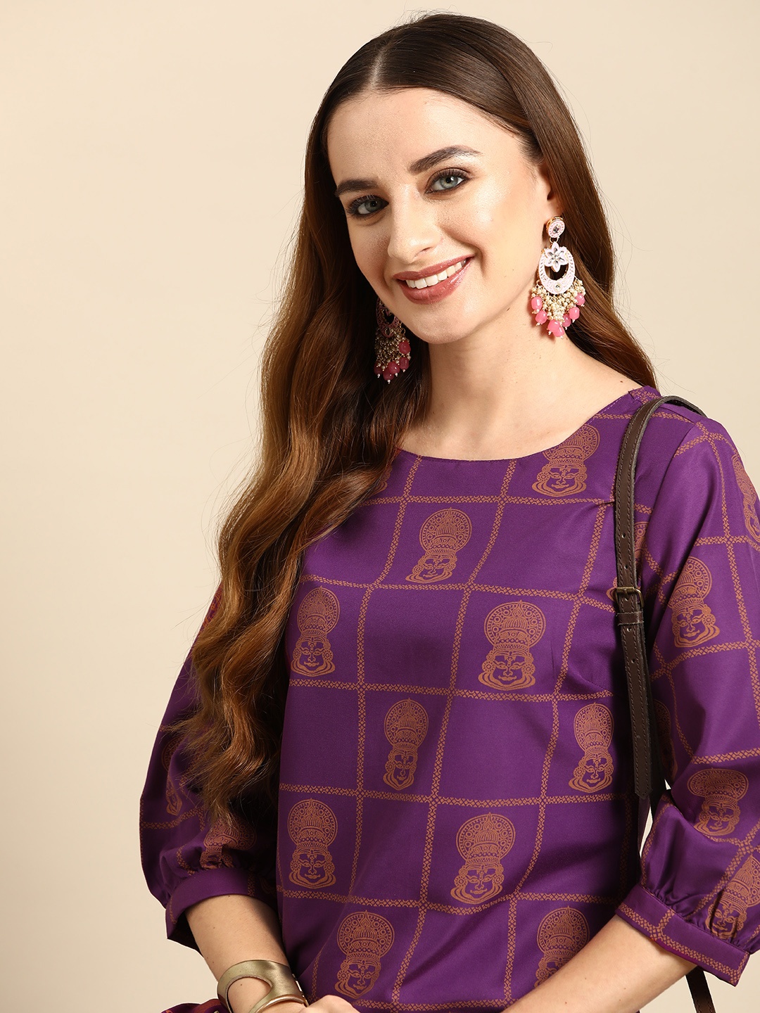 

Sangria Ethnic Motifs Printed Puff Sleeves Kurta, Purple