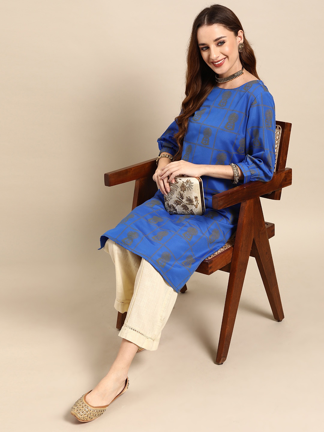

Sangria Ethnic Motifs Printed Puff Sleeves Kurta, Blue
