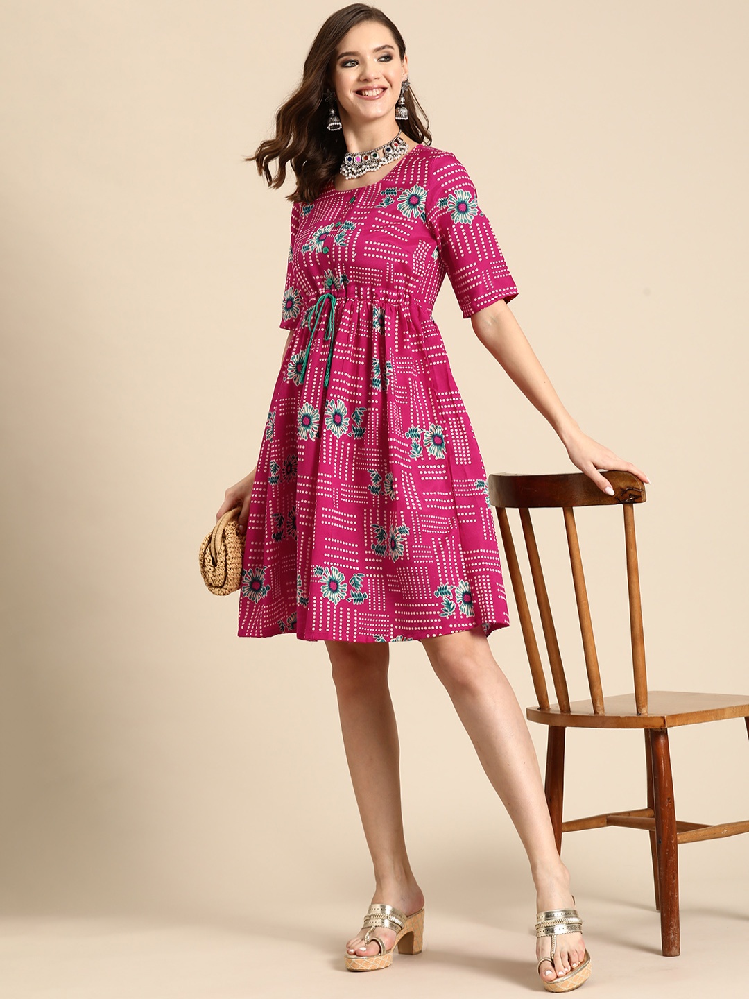 

Sangria Printed A-Line Ethnic Dress, Pink