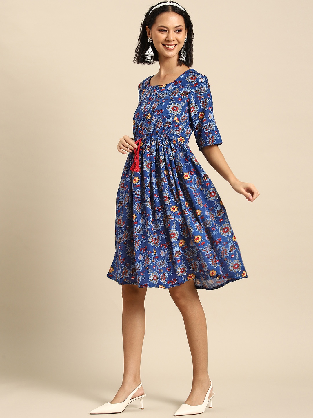 

Sangria Floral Printed Fit & Flare Ethnic Dress, Blue