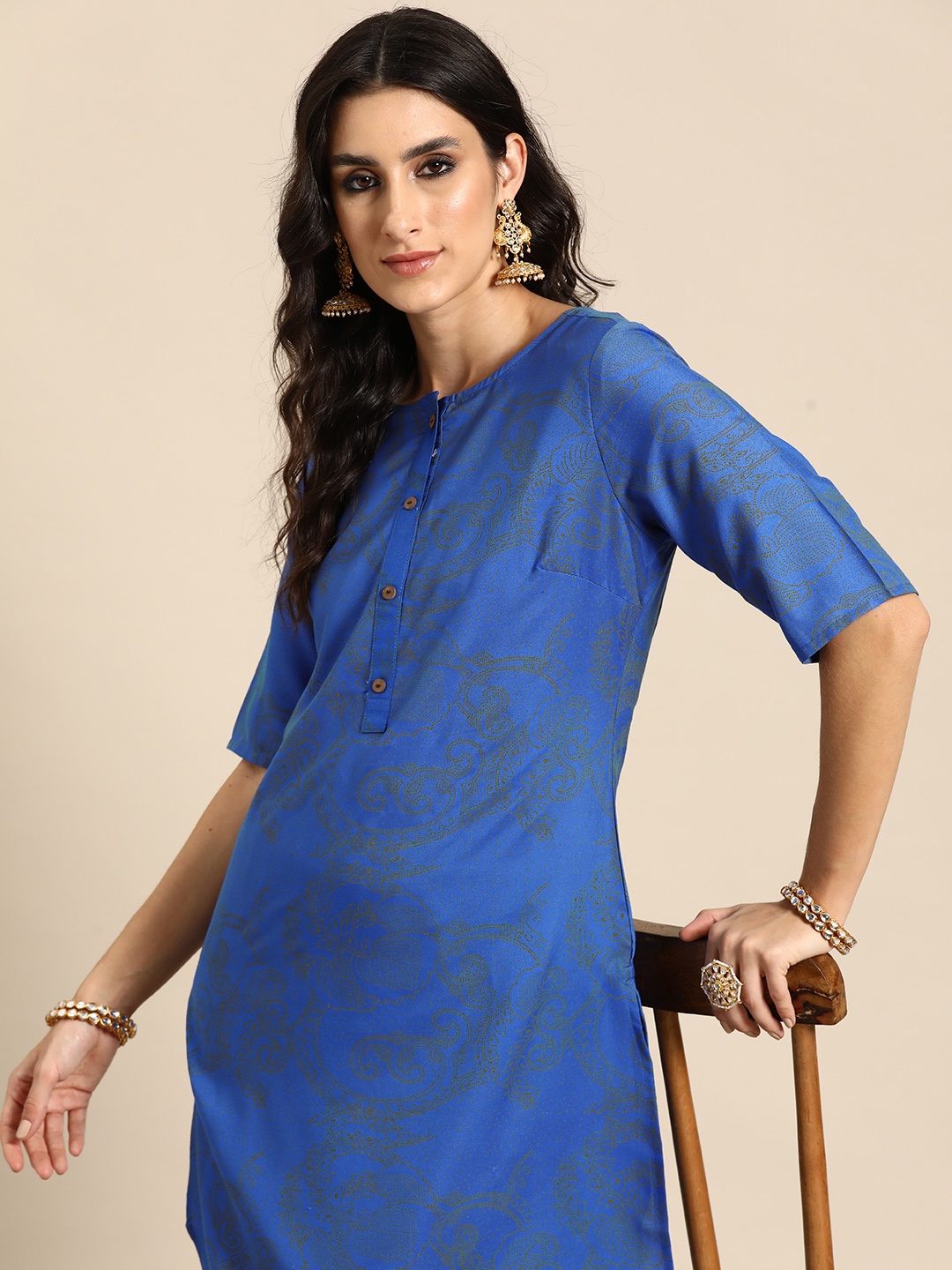 

Sangria Ethnic Motifs Print High-Low Hem Kurta, Blue