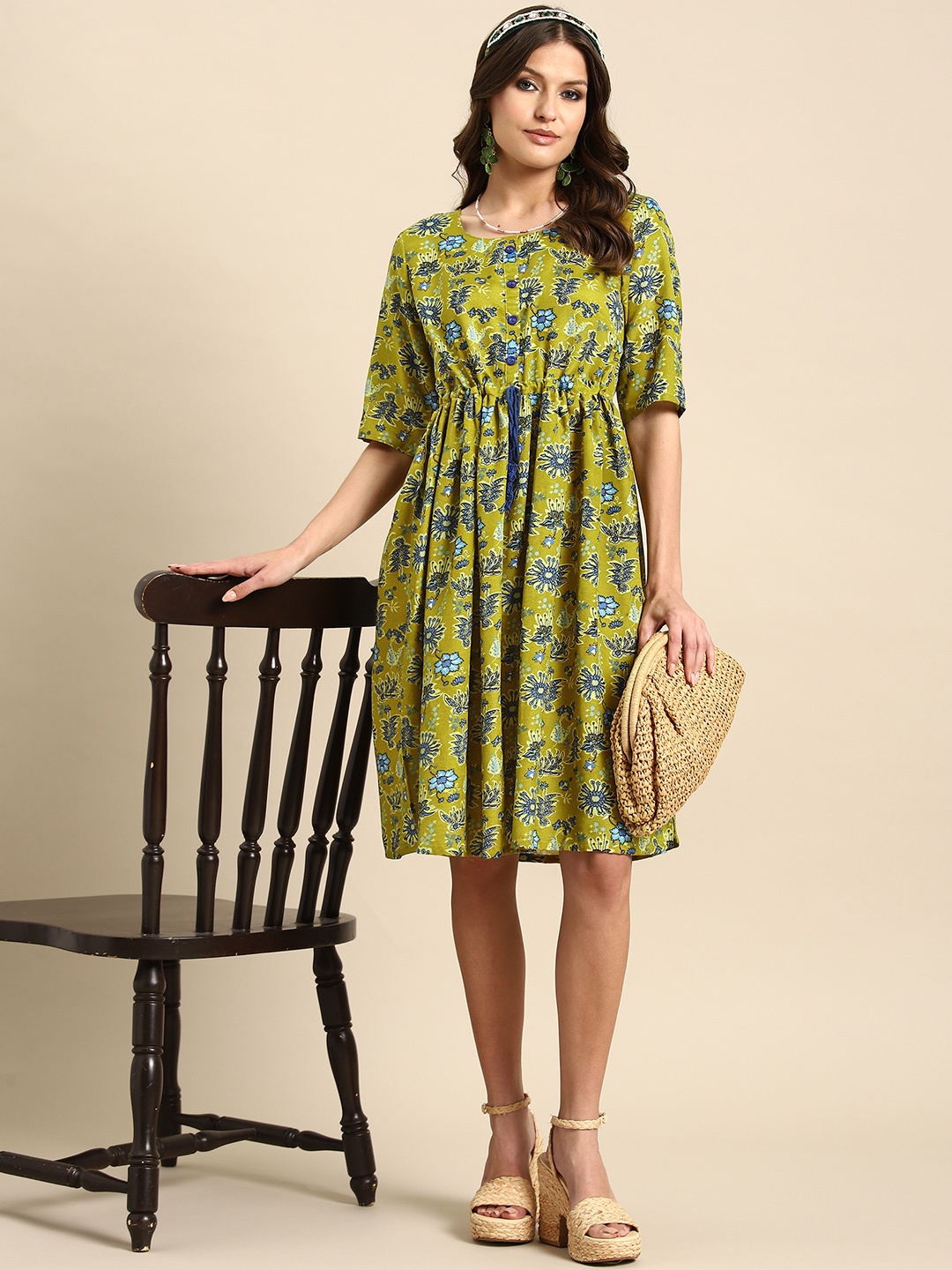 

Sangria Floral Print A-Line Dress, Green