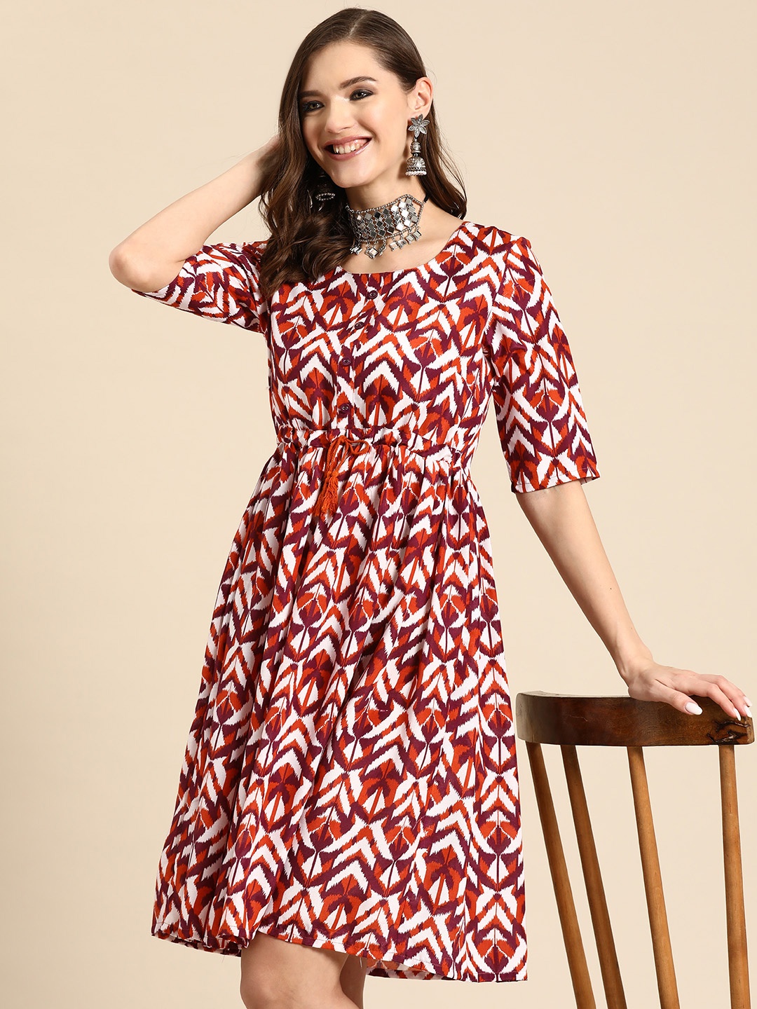 

Sangria Printed A-Line Ethnic Dress, Red