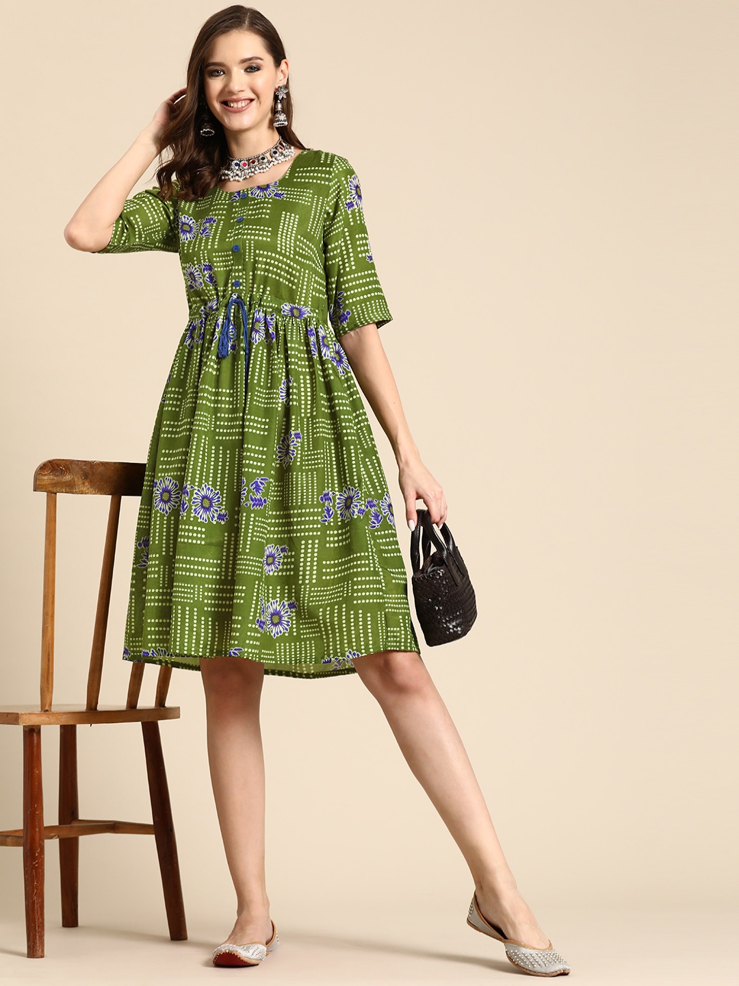 

Sangria Printed A-Line Ethnic Dress, Olive