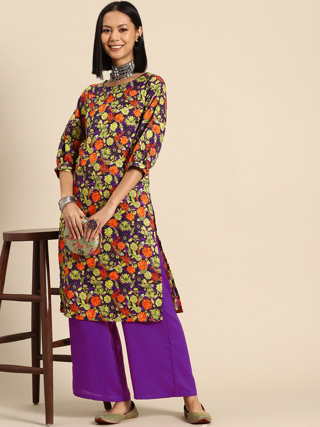 

Sangria Women Floral Printed Kurta with Palazzos, Green