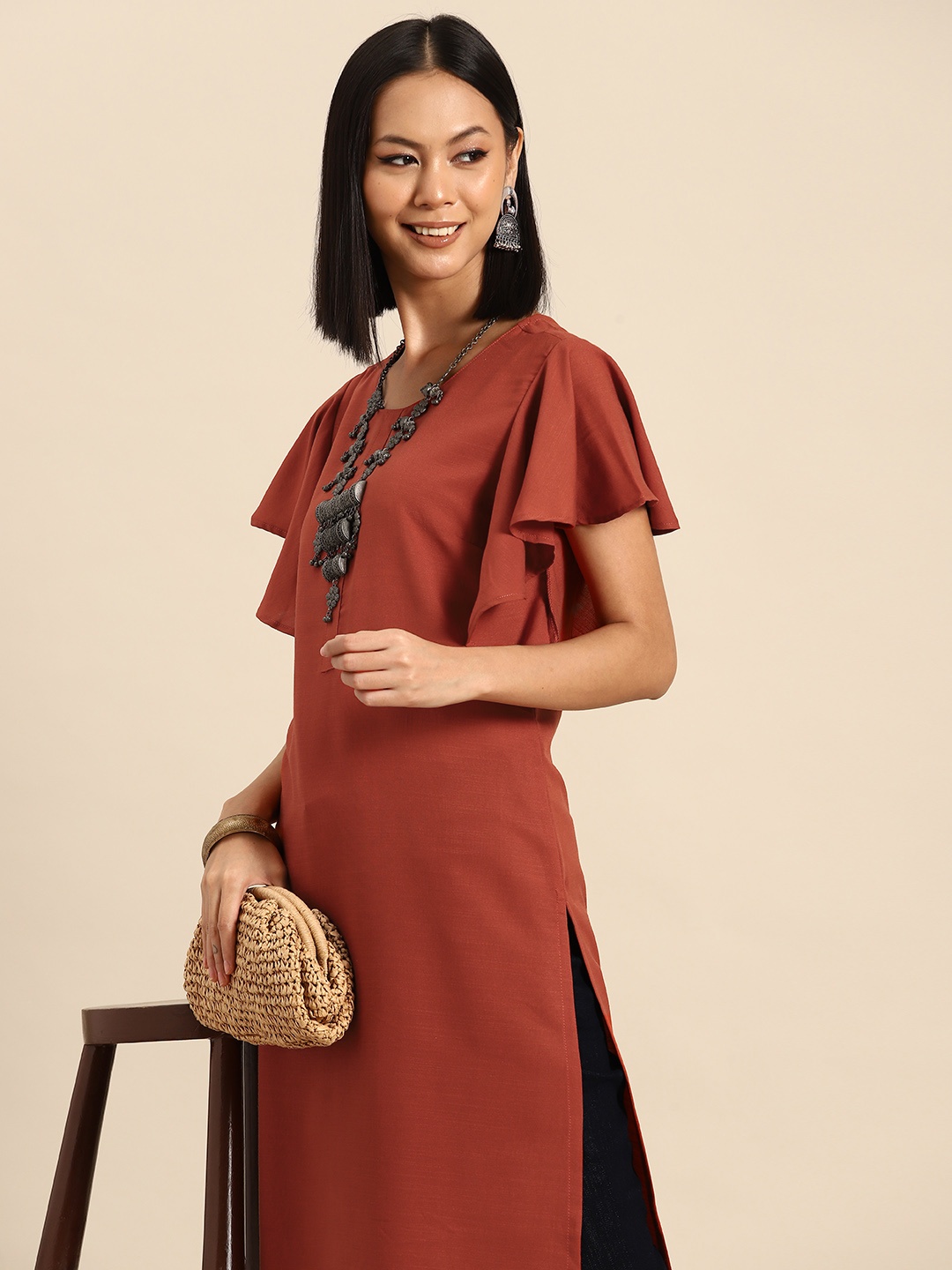 

Sangria Women Flared Sleeves Kurta, Rust