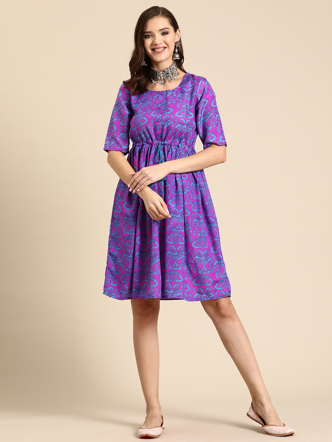 

Sangria Printed A-Line Ethnic Dress, Purple