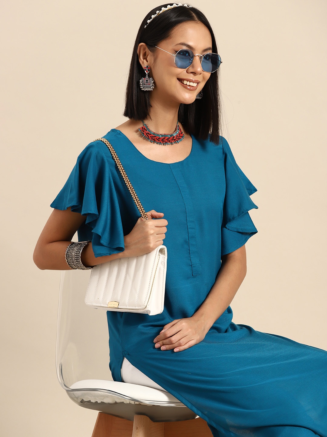 

Sangria Women Flared Sleeves Kurta, Teal