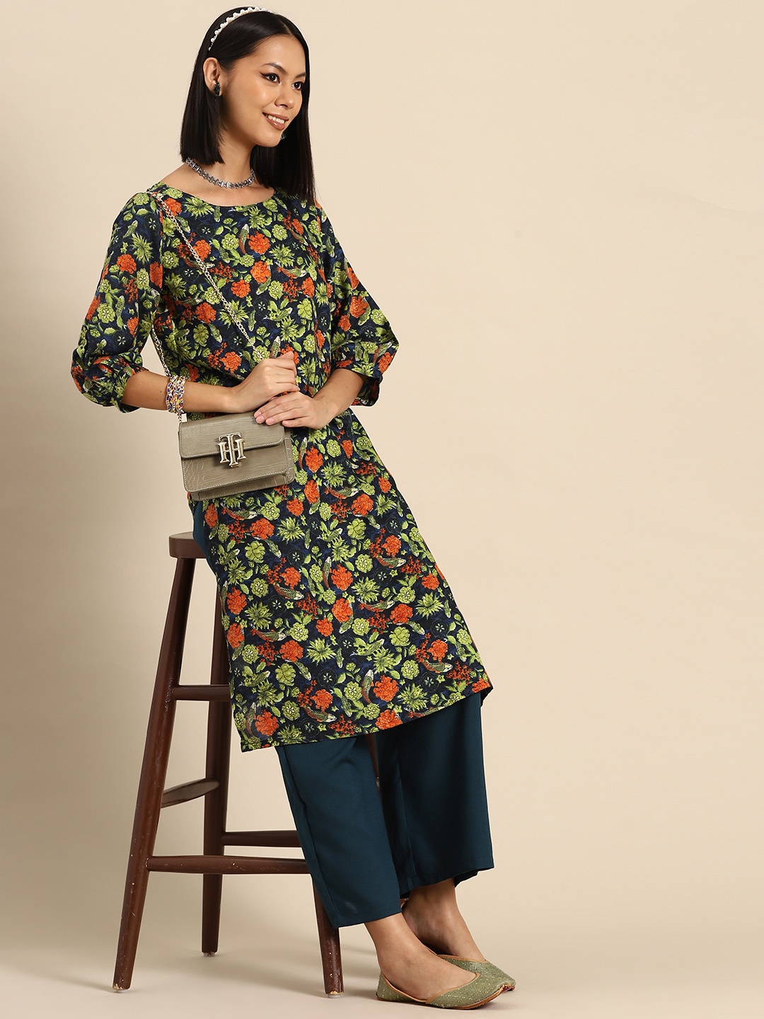 

Sangria Floral Print Kurta with Palazzos, Navy blue
