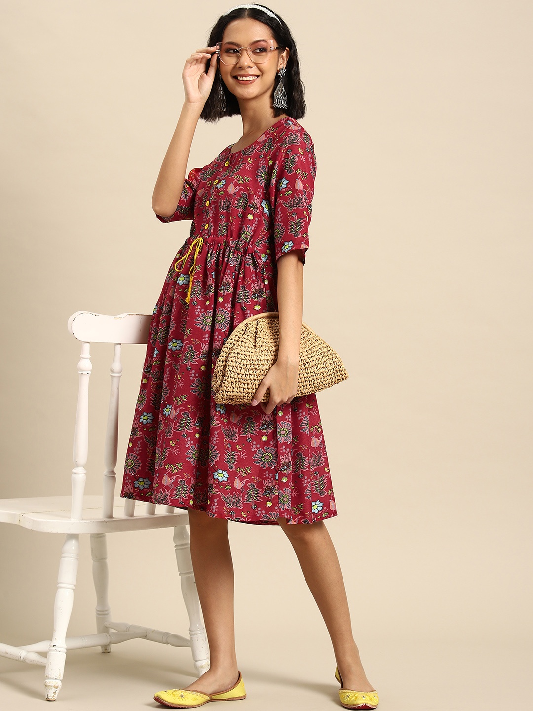 

Sangria Floral Printed Fit & Flare Ethnic Dress, Maroon