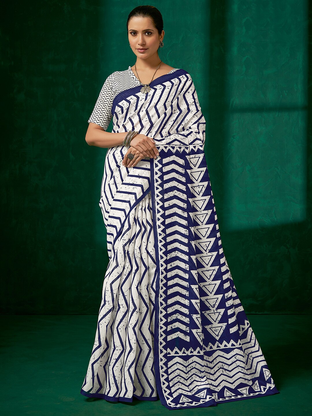 

Mitera White & Blue Art Silk Block Print Saree
