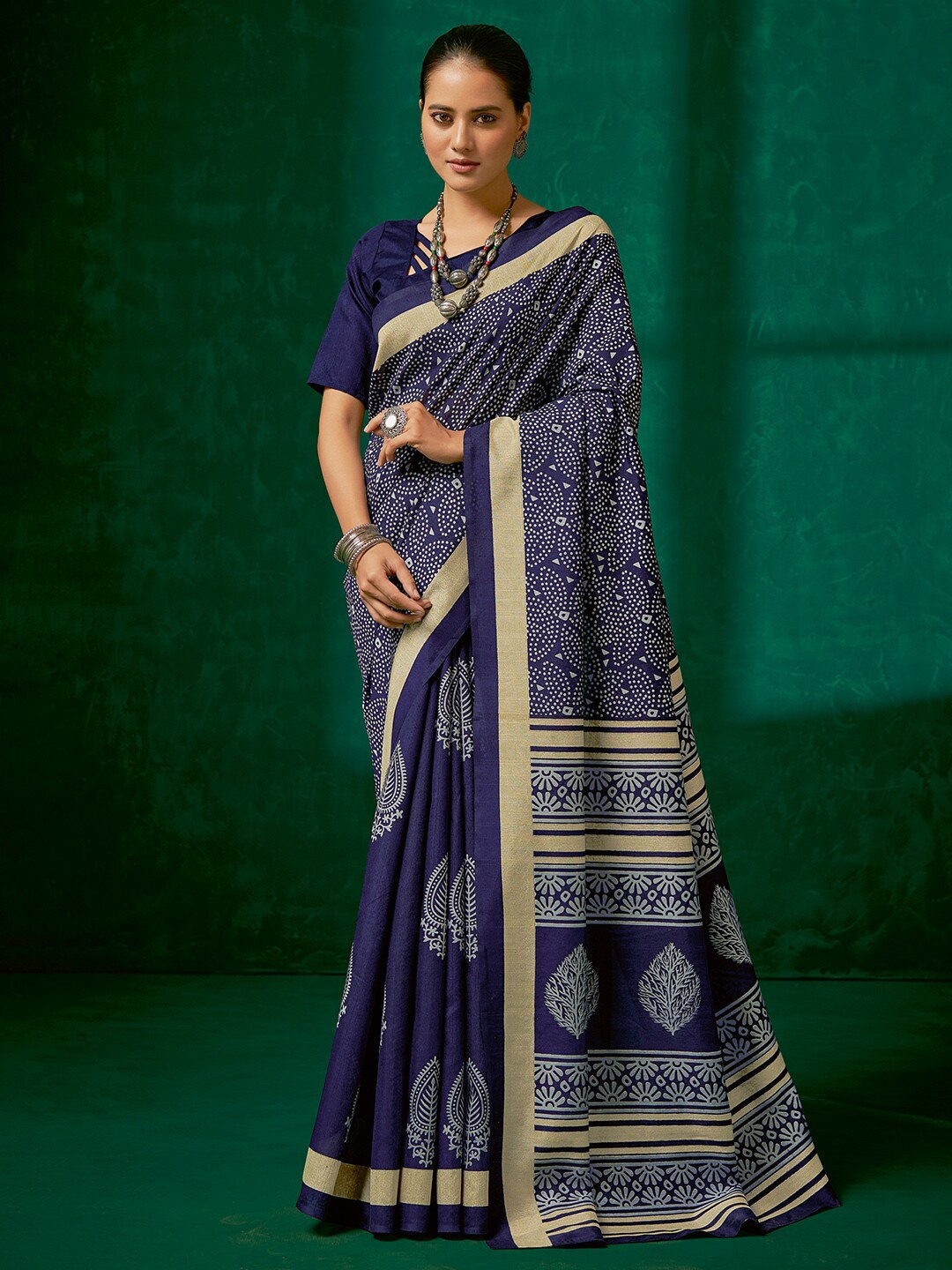 

Mitera Navy Blue & White Ethnic Motifs Art Silk Bhagalpuri Saree