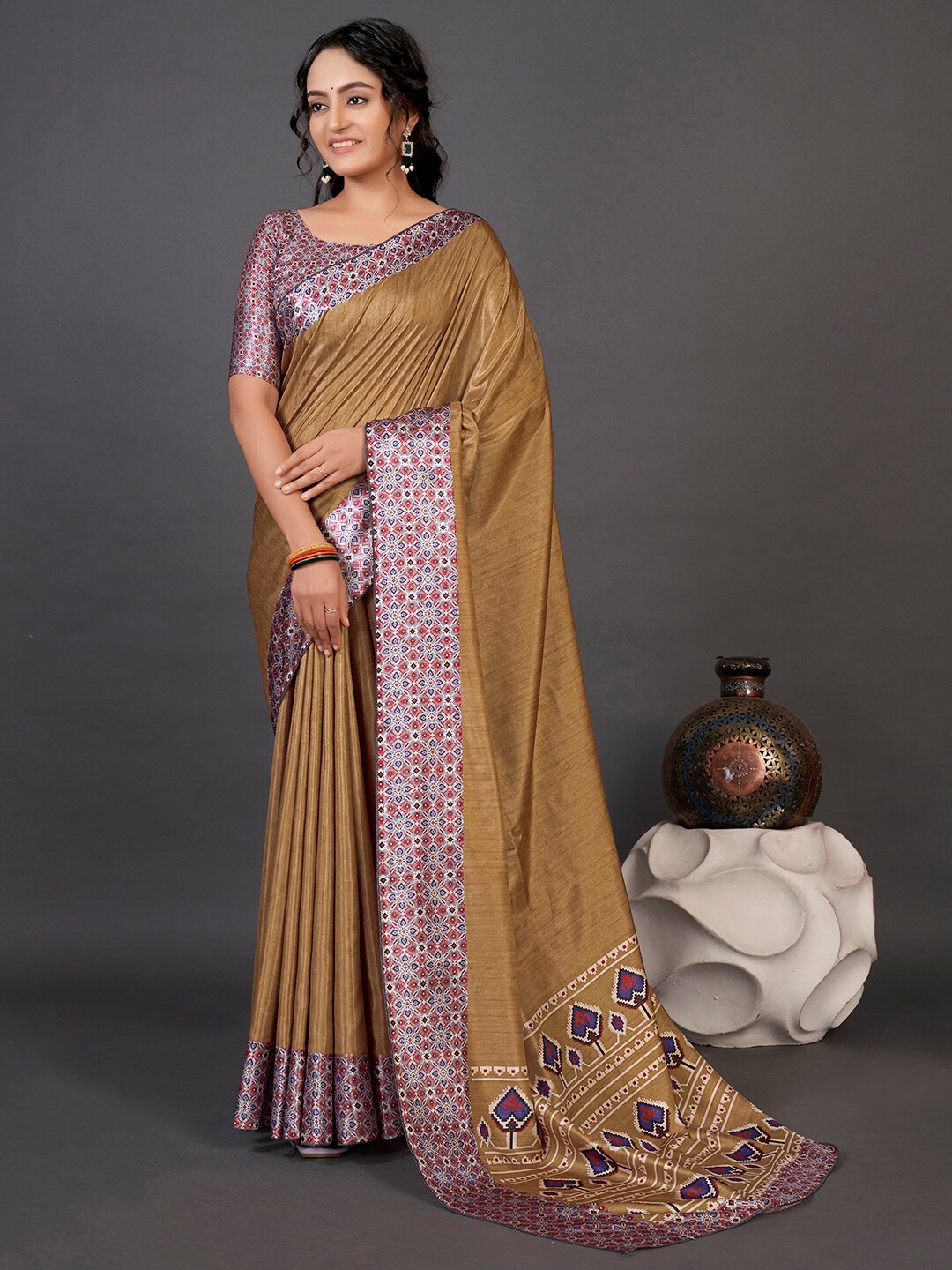 

Mitera Brown & Pink Printed Border Patola Saree