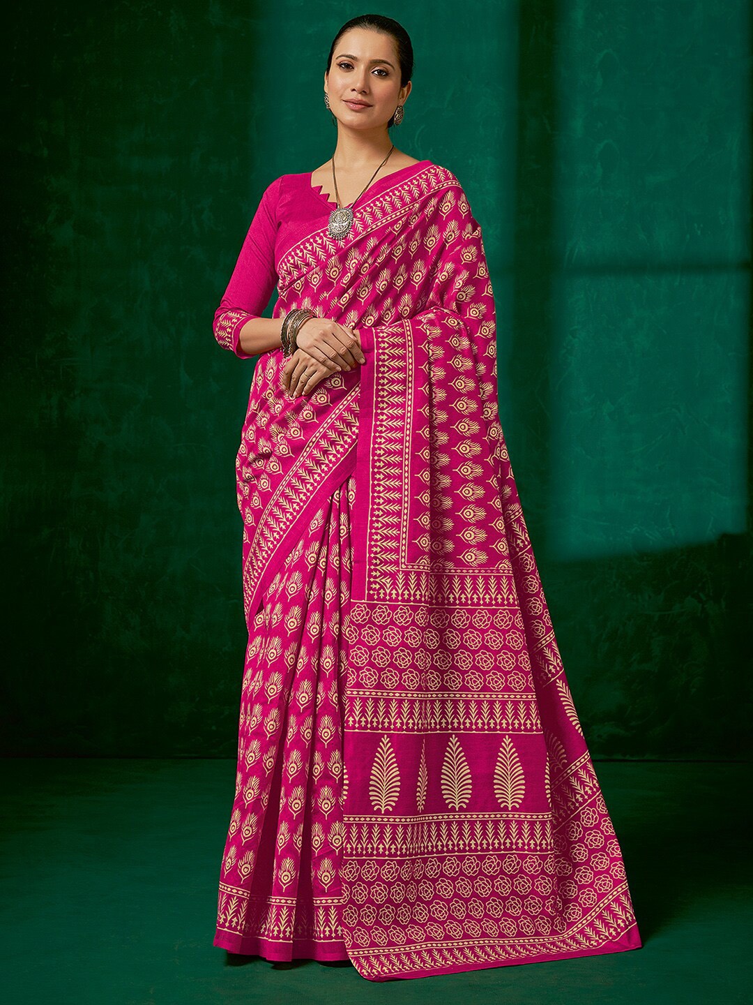 

Mitera Pink & Beige Dabu Print Traditional Bagh Saree