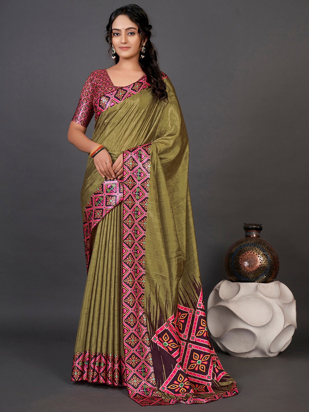 

Mitera Olive Green & Pink Ethnic Motifs Printed Patola Saree