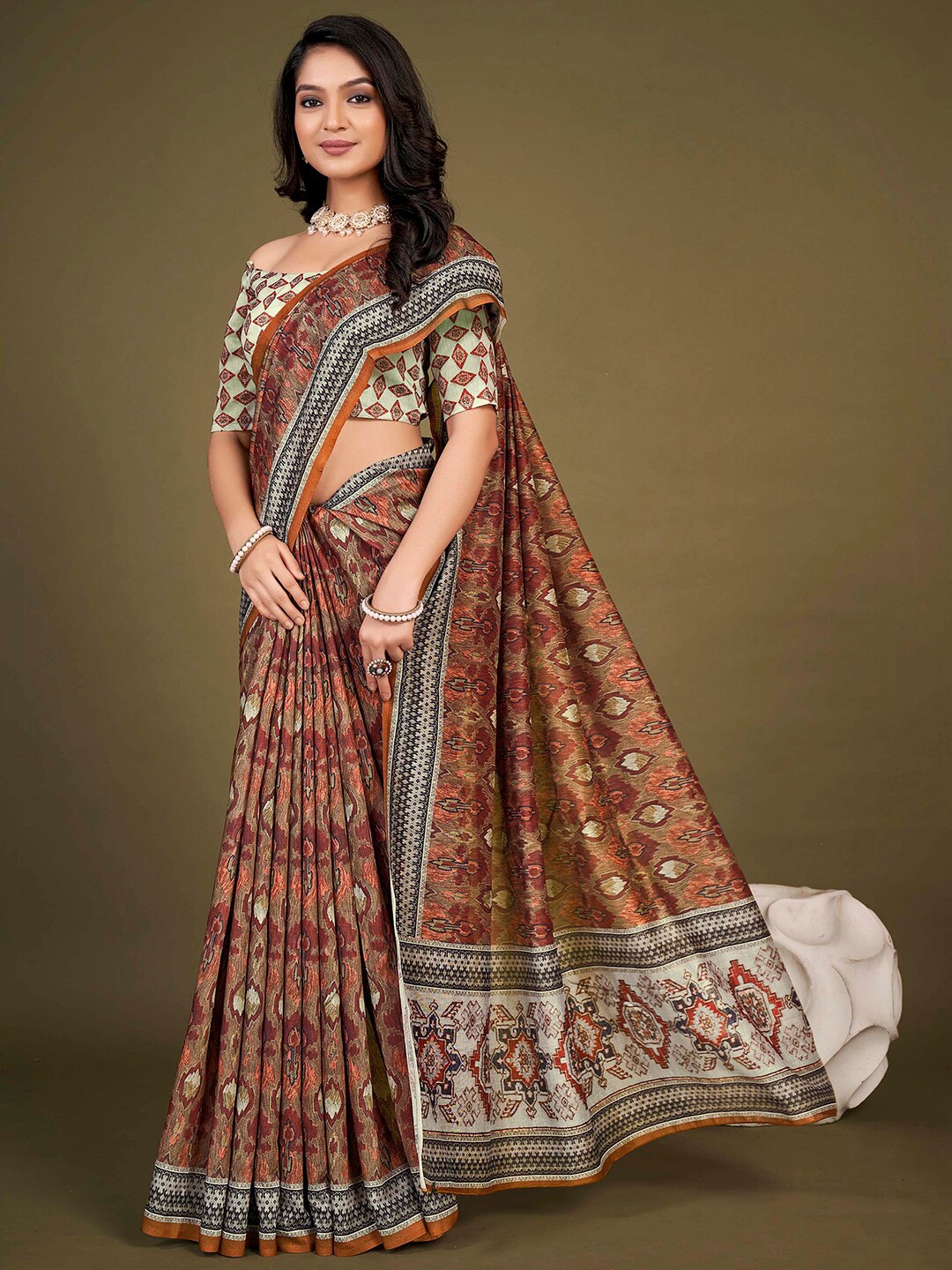 

Mitera Brown Beige Ethnic Motifs Printed Silk Bagh Saree